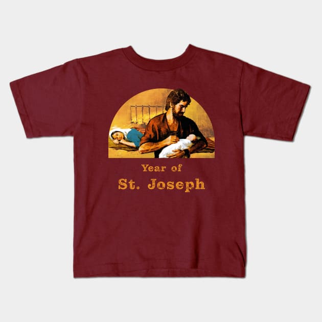 St. Joseph holds baby Jesus while Our Lady sleeps. Year of St. Joseph. Kids T-Shirt by Brasilia Catholic